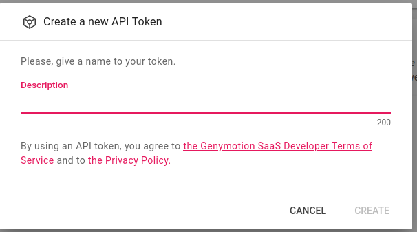 API token popup