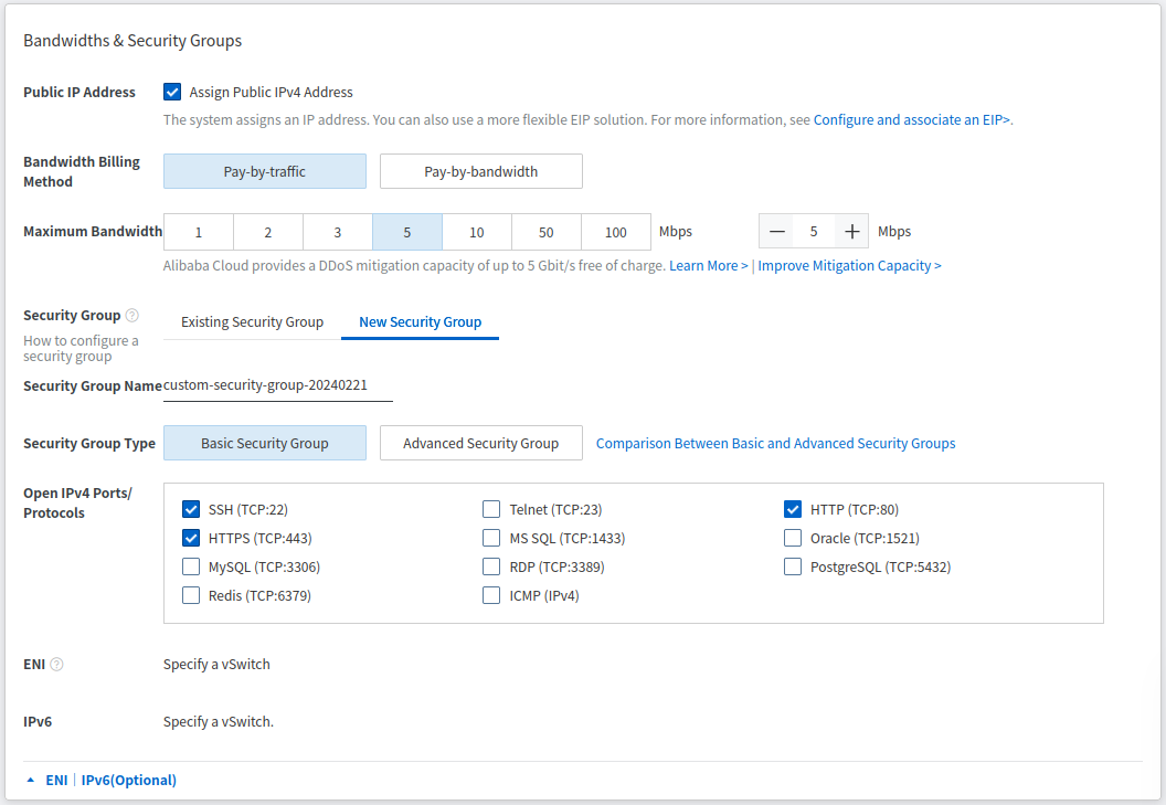 Brandwidths & Security Groups section