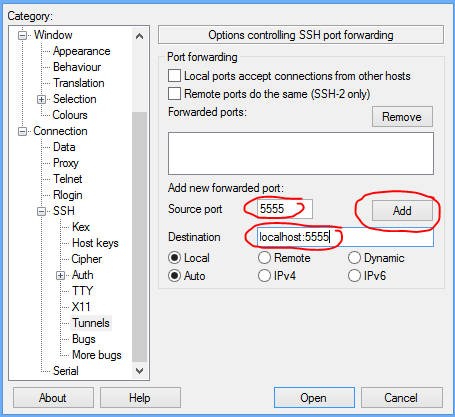 PuTTY tunnel setting